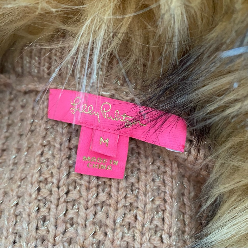 LILLY PULITZER Adelaine Heathered Tiki Hut Metallic Faux Fur Cardigan M $278 - Picture 3 of 6